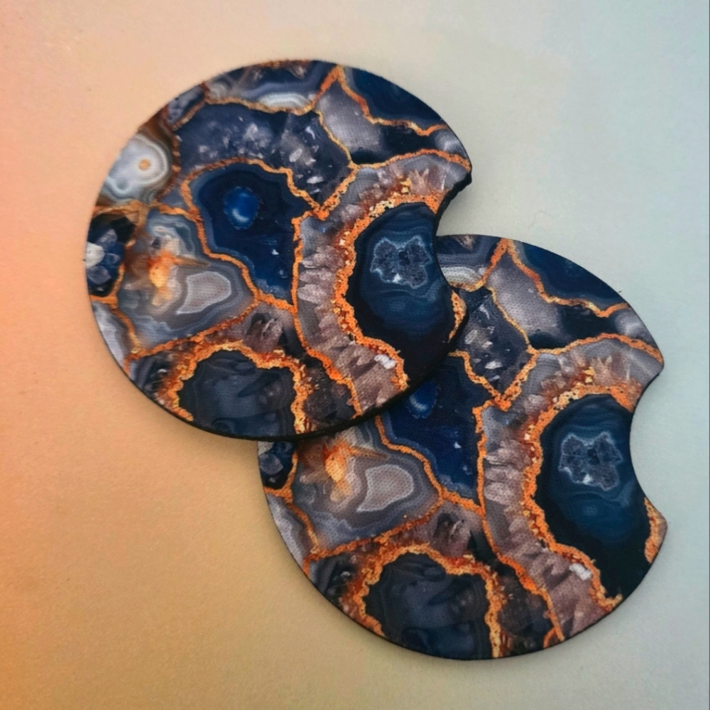 Marbled Geode Blue Car Coasters